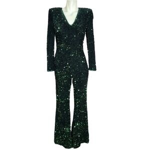 Faeriesty Sequin Jumpsuit Women XS Green Long Sleeve V-Neck Wide Leg Glam Party